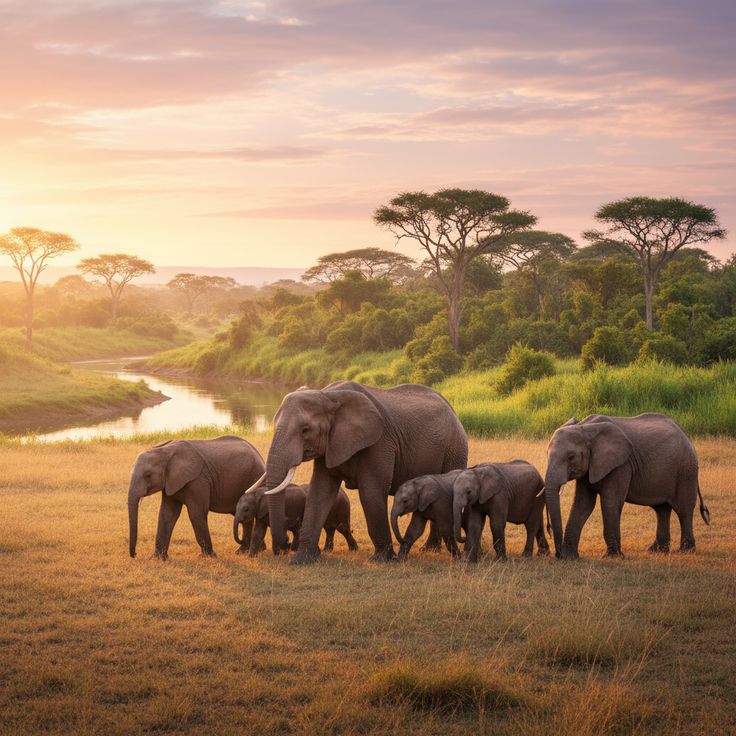 Elephant herd at sunset in Tarangire