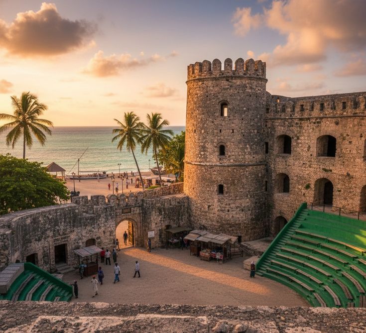 Aerial of Stone Town with rooftop pool and the Indian Ocean