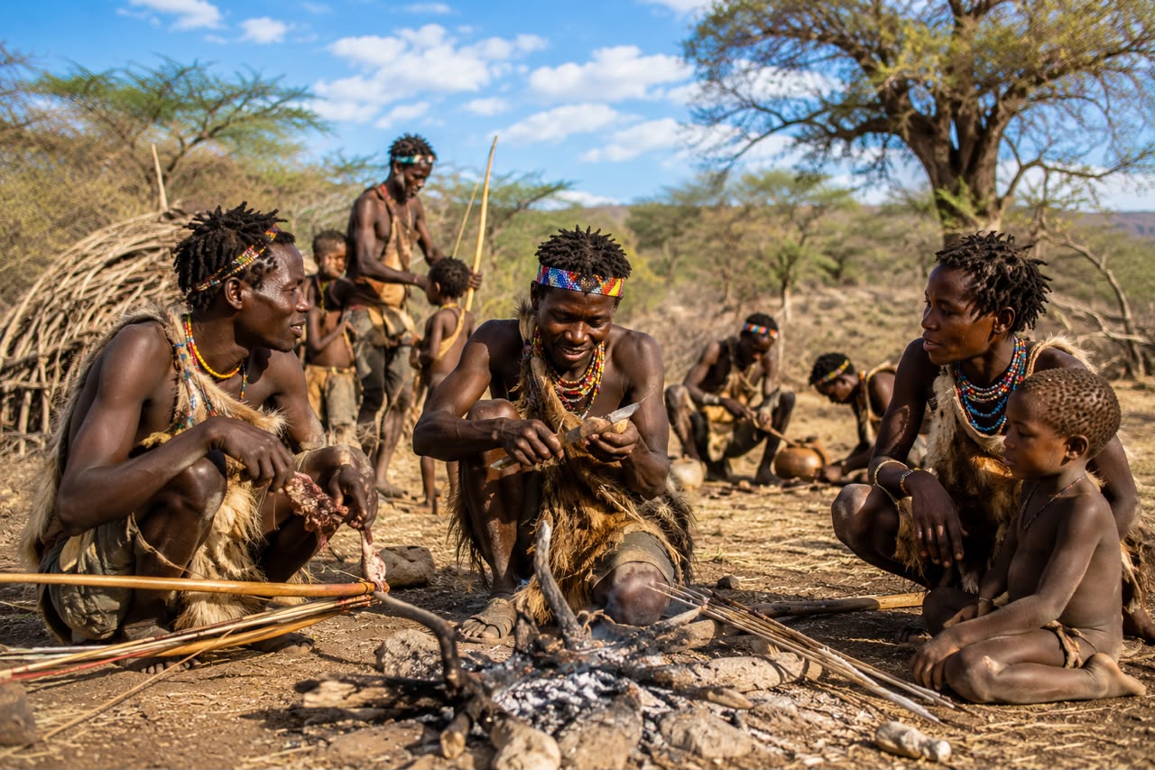 Hadzabe community around an evening fire