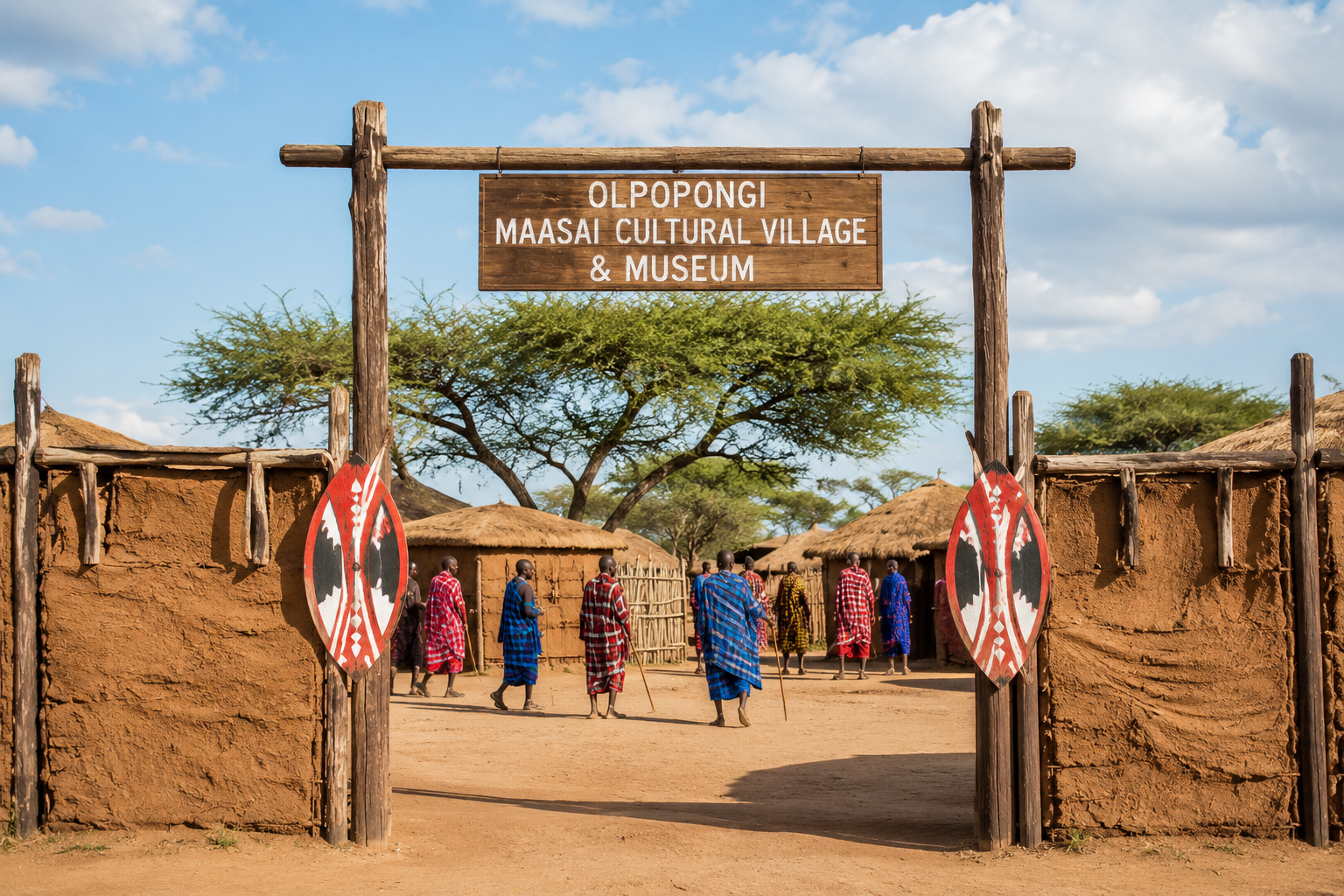 Family at a Maasai village gate